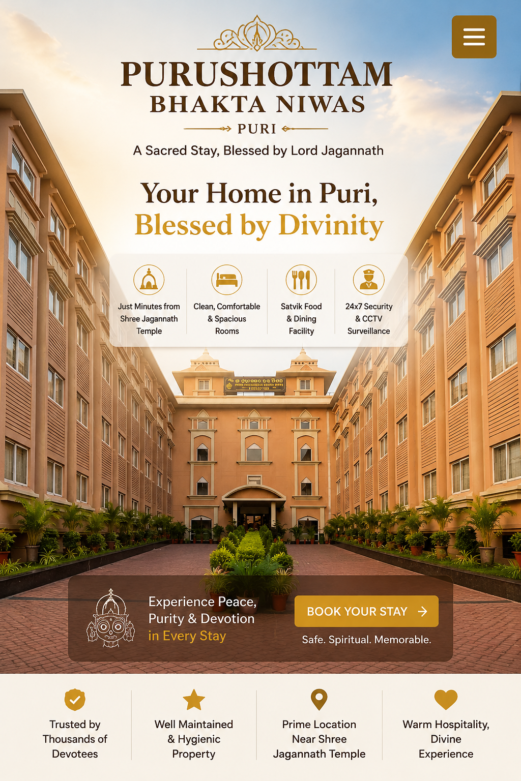 Purushottam Bhakta Nivas – Your Home in Puri, Blessed by Divinity. A Sacred Stay near Shree Jagannath Temple offering clean comfortable rooms, satvik food and 24x7 security.
